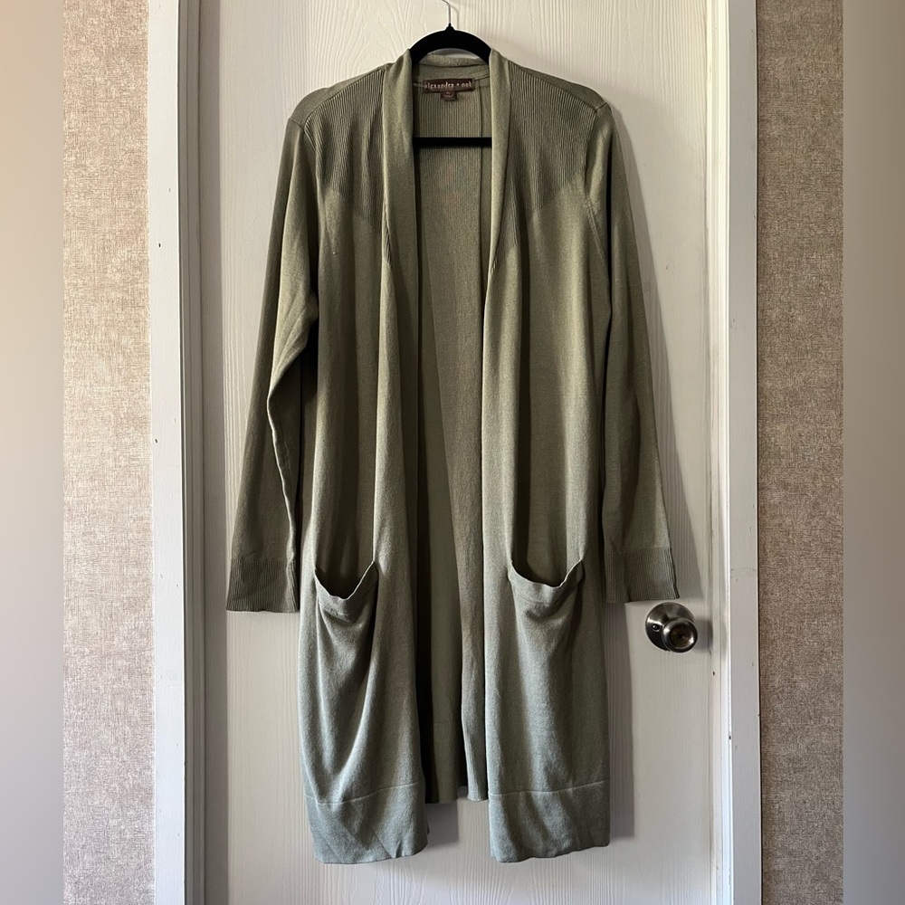 Alexandra + Oak Olive Green Open Front Long Cardigan with Pockets